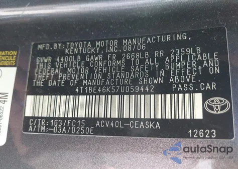 2007 Toyota Camry Se from USA, damaged, VIN 4T1BE46K57U059442